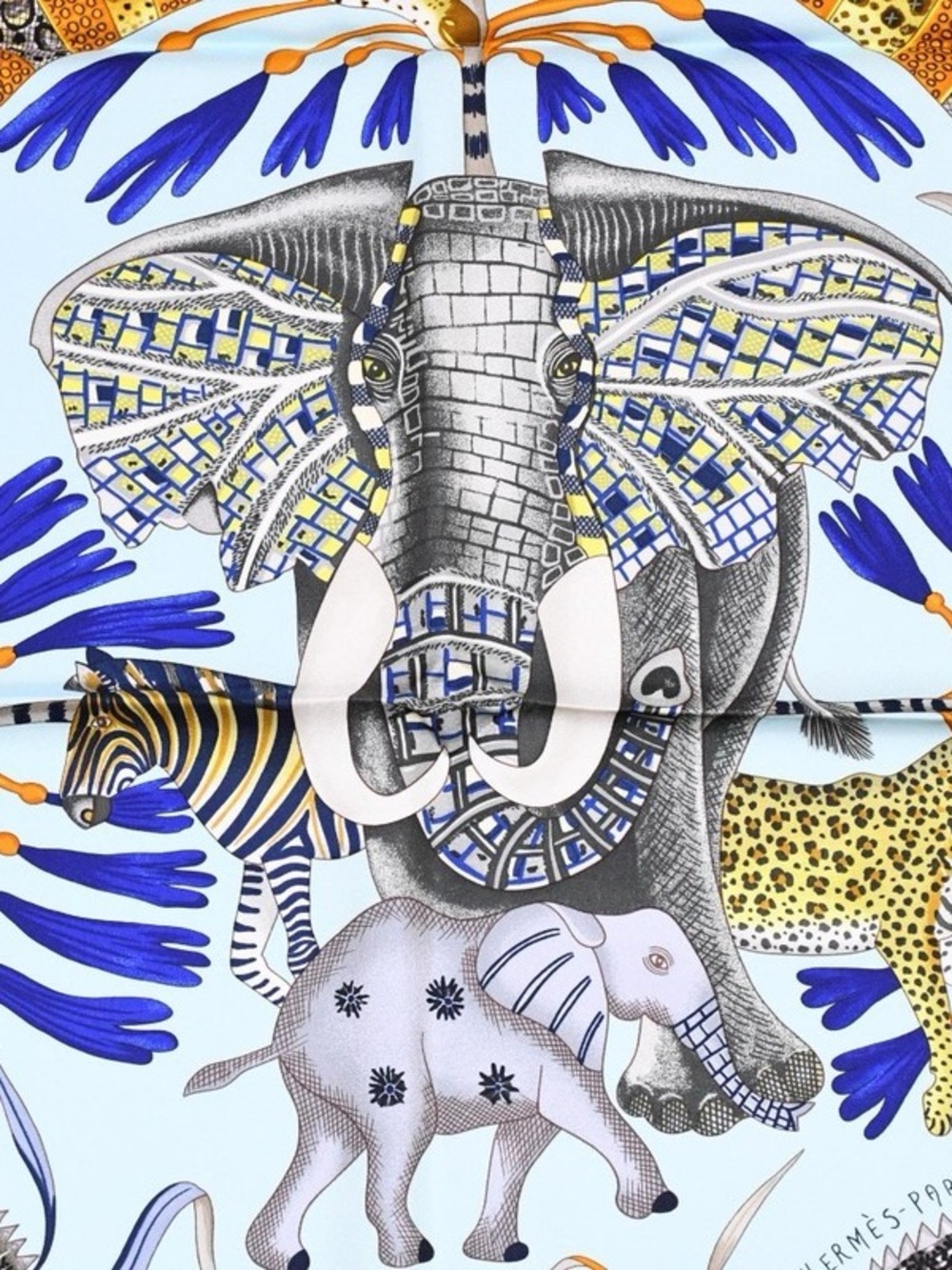 Hermes Blue, White and Yellow Elephant Print Silk Scarf